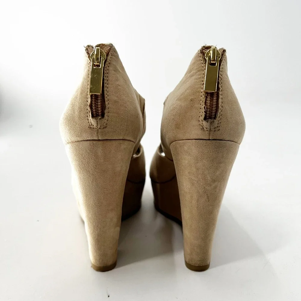 Jessica Simpson Wedges Heels Platforms Peep Toe‎ Criss Cross Tan Shoes Sz 7B